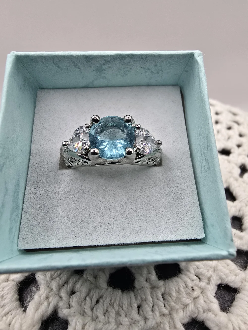 Blue Crystal Three-Stone Sterling Ring Never Worn